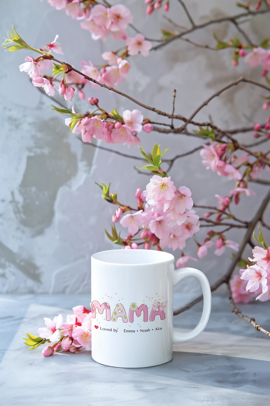 Personalized Mama Mug with Kids Names, Custom Mom Gift, Floral Mama Coffee Mug, Mother's Day Gift, Gift for Mom from Kids, Cute Pink Daisy Mug