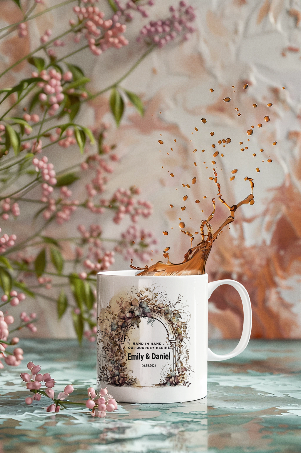 Personalized Wedding Mug – Custom Couple Gift with Names & Date, Floral Arch Mug, Engagement Gift, Bride & Groom Keepsake