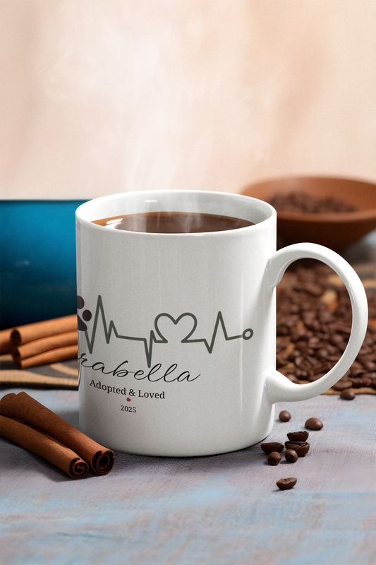 Personalized Heartbeat Paw Mug – Adopted & Loved, Custom Pet Name & Date, Dog & Cat Adoption Gift