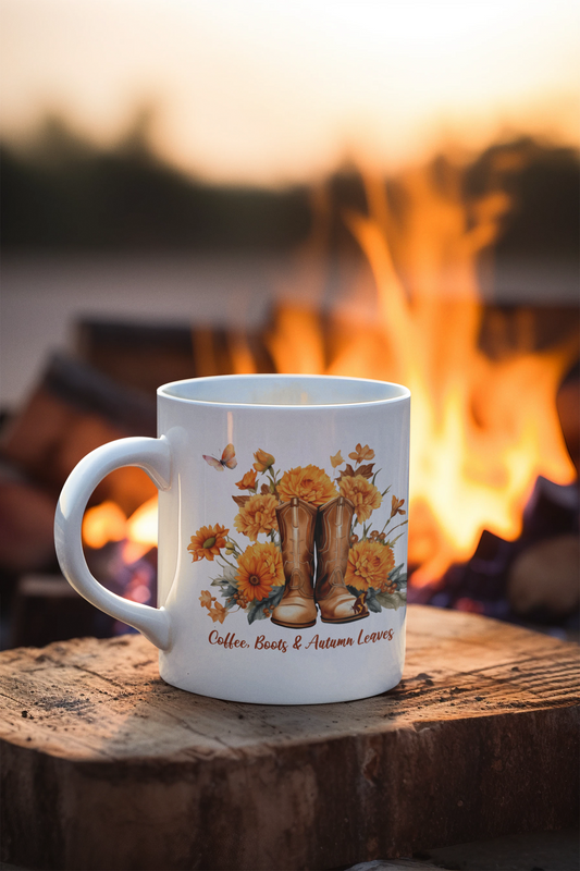 Coffee Boots & Autumn Leaves Mug | Fall Coffee Mug | Western Autumn Mug | Sunflower Fall Coffee Cup | Cozy Fall Gift for Women
