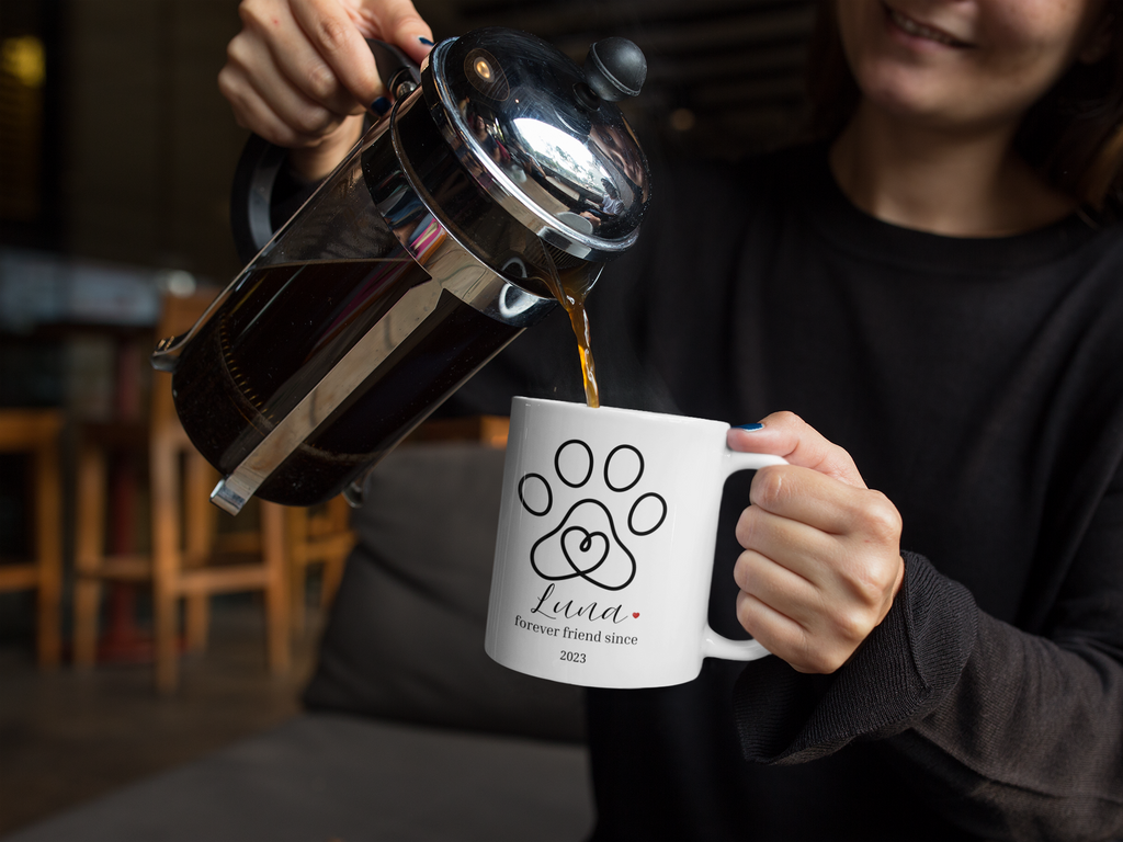 Personalized Dog Mug – Paw Print Heart, Forever Friend Since [Year] – Custom Pet Name Coffee Cup