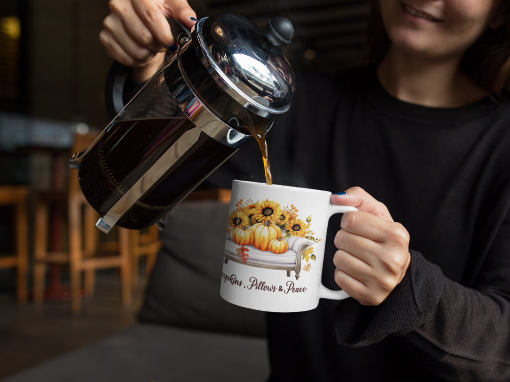 Pumpkins Pillows & Peace Mug | Cozy Fall Coffee Mug | Pumpkin Sunflower Mug | Autumn Coffee Cup | Thanksgiving Gift for Her