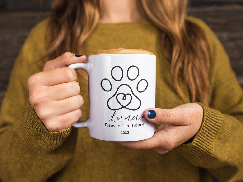 Personalized Dog Mug – Paw Print Heart, Forever Friend Since [Year] – Custom Pet Name Coffee Cup
