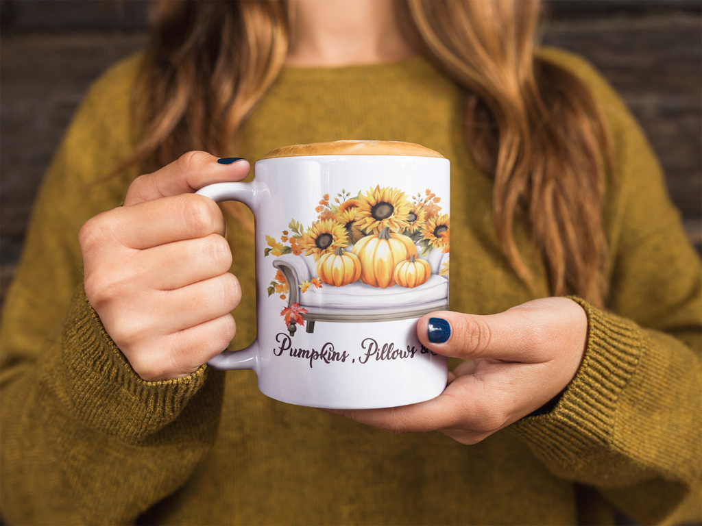 Pumpkins Pillows & Peace Mug | Cozy Fall Coffee Mug | Pumpkin Sunflower Mug | Autumn Coffee Cup | Thanksgiving Gift for Her