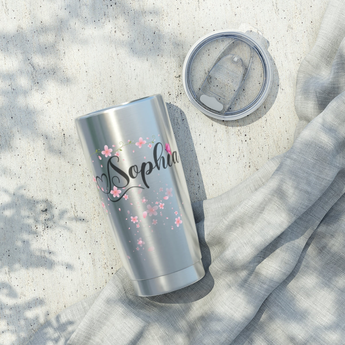 Personalized Tumbler with Name, Pink Blossom Flowers & Heart Design