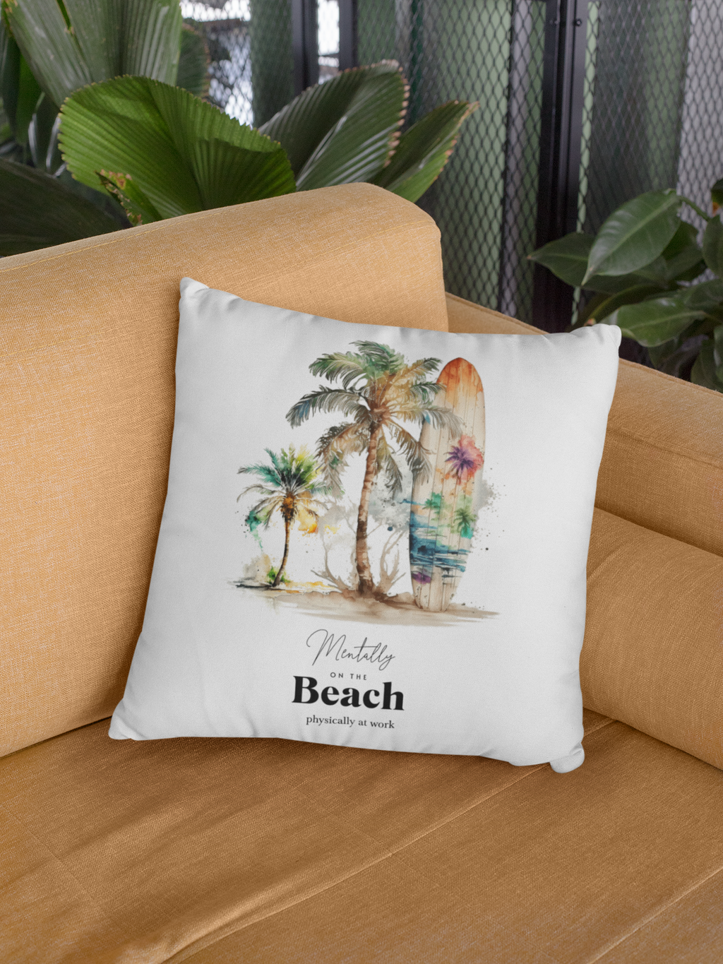 Mentally at the Beach Pillow – Summer Decor Cushion, Beach Lover Gift, Tropical Aesthetic Throw Pillow, Vacation Home Decor