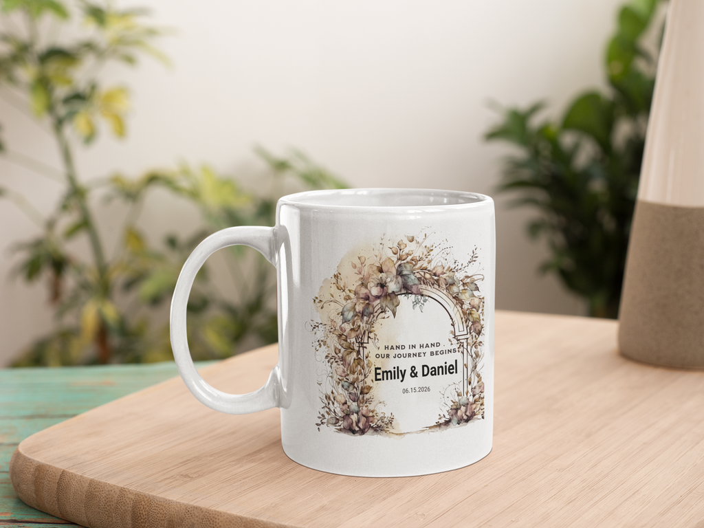 Personalized Wedding Mug – Custom Couple Gift with Names & Date, Floral Arch Mug, Engagement Gift, Bride & Groom Keepsake