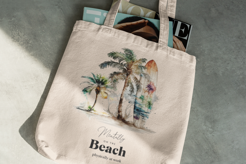 Mentally at the Beach Tote Bag – Funny Summer Bag, Beach Lover Gift, Tropical Aesthetic Tote, Vacation Vibes Shopper Bag